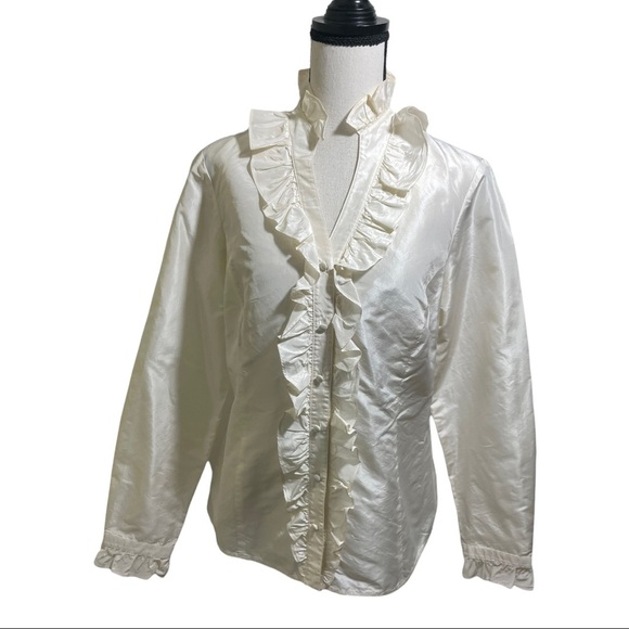 J McLaughlin button down silk ruffle blouse. Long sleeve cream color size 8. - Picture 3 of 9